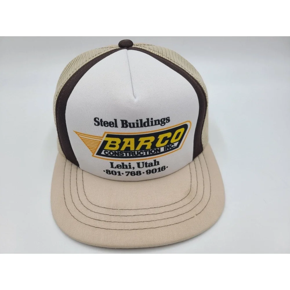 Vintage Barco Construction Steel Buildings Lehi Utah Mesh Snapback Hat Cap Beige